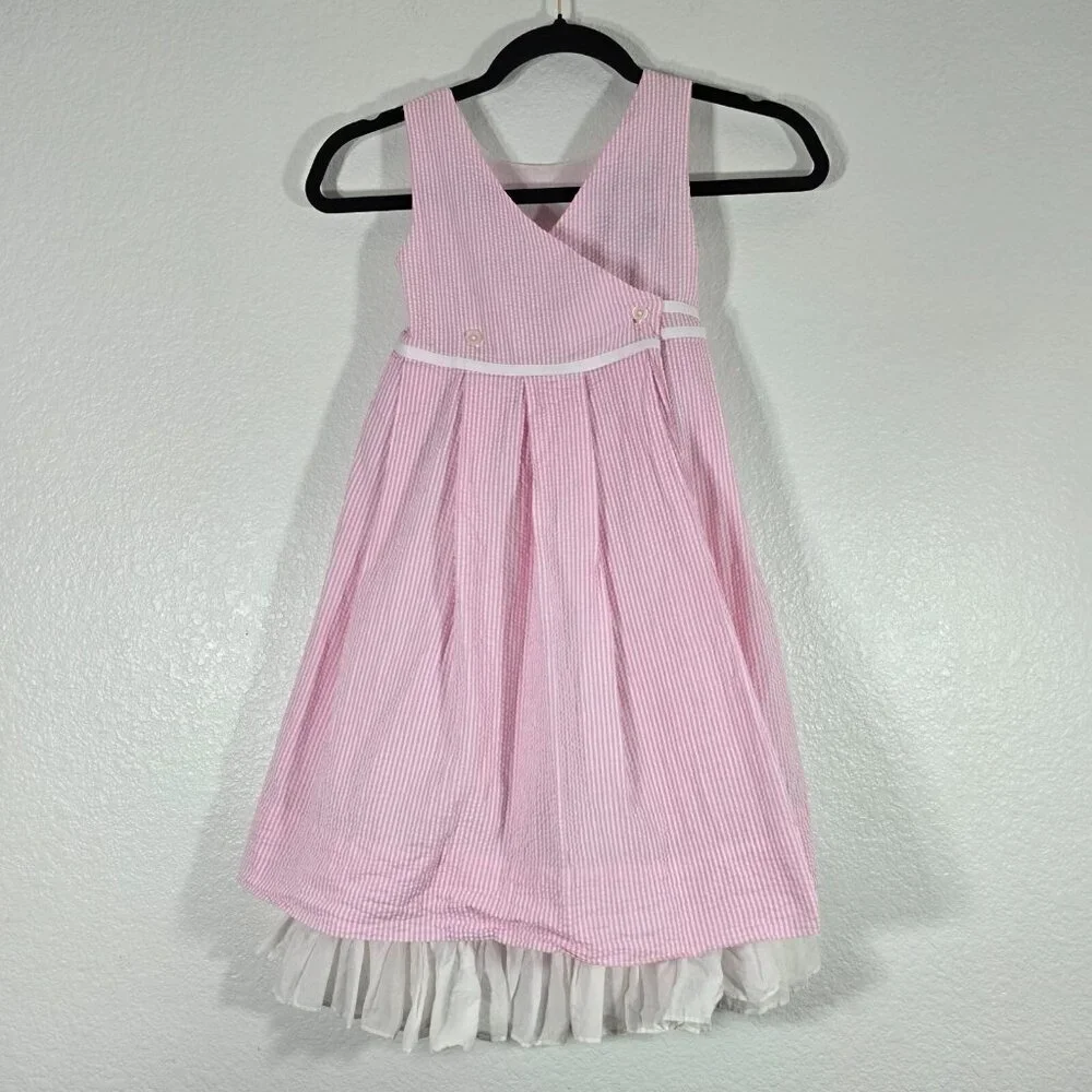 Ralph Lauren Seersucker Wrap Dress Kids Girl 6X Pink Stripe Lined Party Preppy